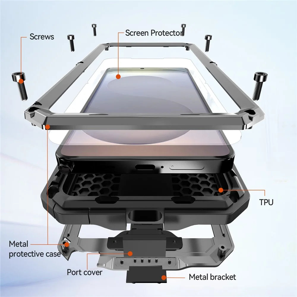 R-JUST For Samsung Galaxy S26 Ultra Case PC + Silicone + Metal Back Cover with Tempered Glass Film - Silver - 7