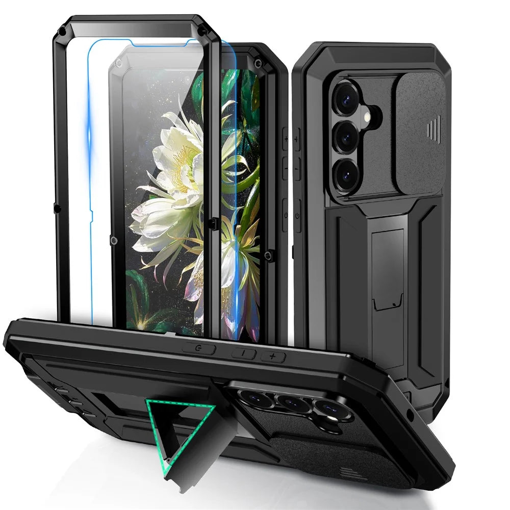 R-JUST For Samsung Galaxy S26+ Case PC + Silicone + Metal Back Cover with Tempered Glass Film - Black - 1