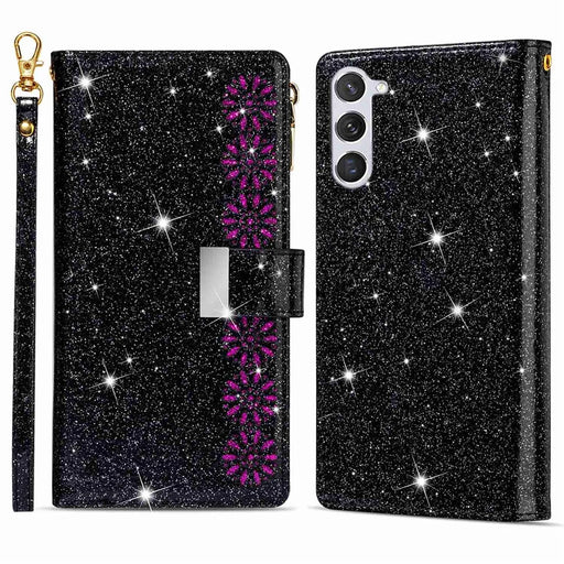 For Samsung Galaxy S23+ Card Holder Drop-proof Phone Cover Laser Carving Glittery Starry Style Zipper Wallet Stand Leather Phone Case with Strap - Black - 1