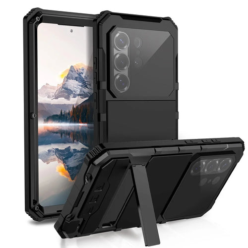 R-JUST For Samsung Galaxy S26 Ultra Case PC + Silicone + Metal Kickstand Phone Cover with Tempered Glass Film - Black - 1