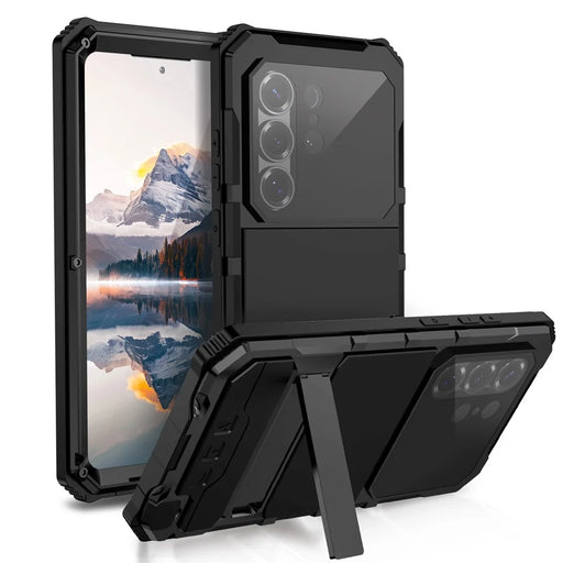 R-JUST For Samsung Galaxy S26 Ultra Case PC + Silicone + Metal Kickstand Phone Cover with Tempered Glass Film - Black - 1