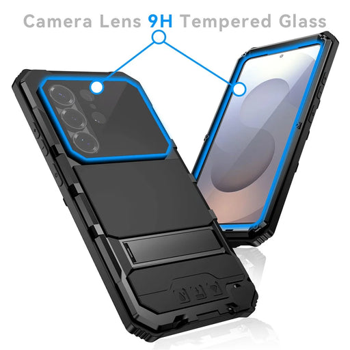 R-JUST For Samsung Galaxy S26 Ultra Case PC + Silicone + Metal Kickstand Phone Cover with Tempered Glass Film - Black - 2