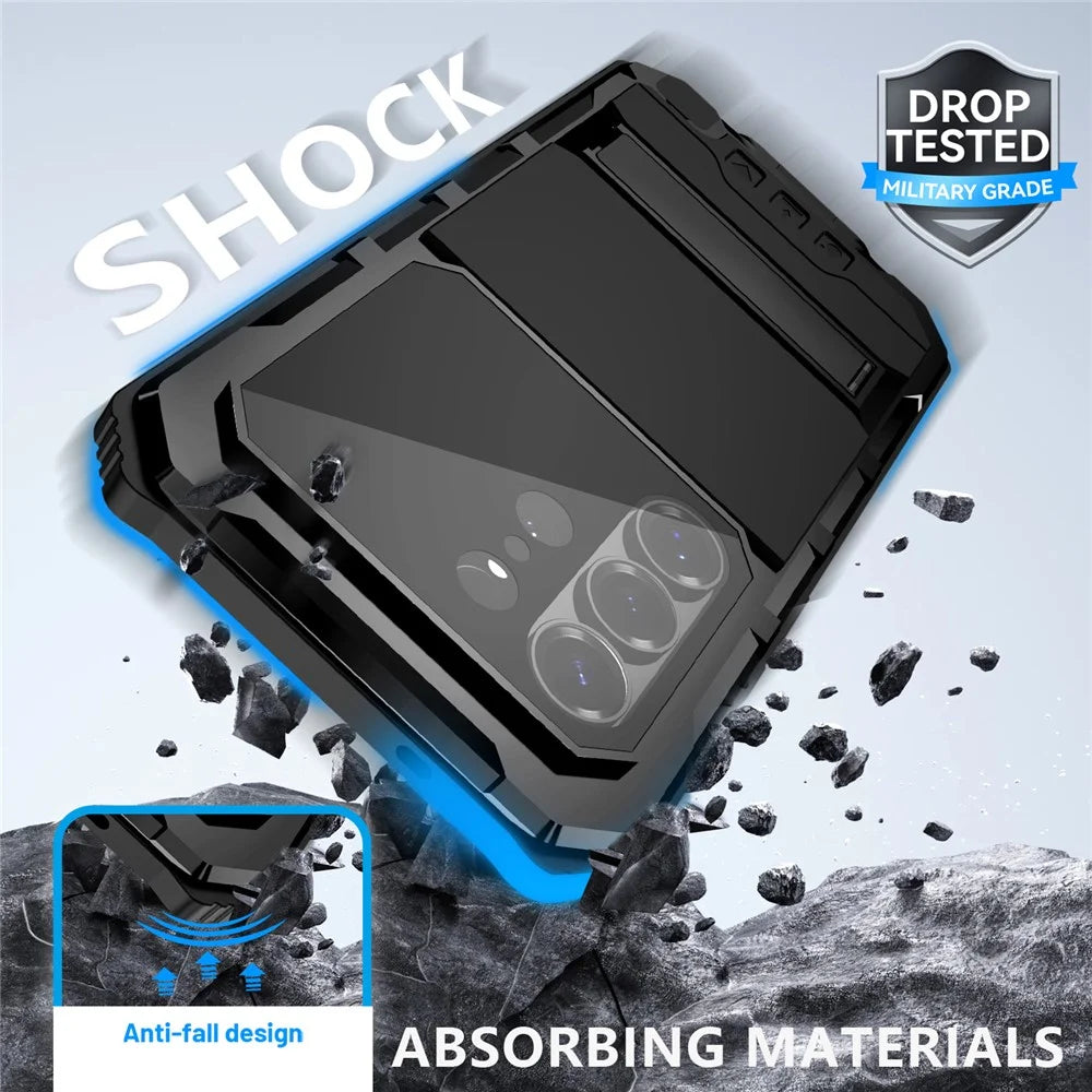R-JUST For Samsung Galaxy S26 Ultra Case PC + Silicone + Metal Kickstand Phone Cover with Tempered Glass Film - Black - 3