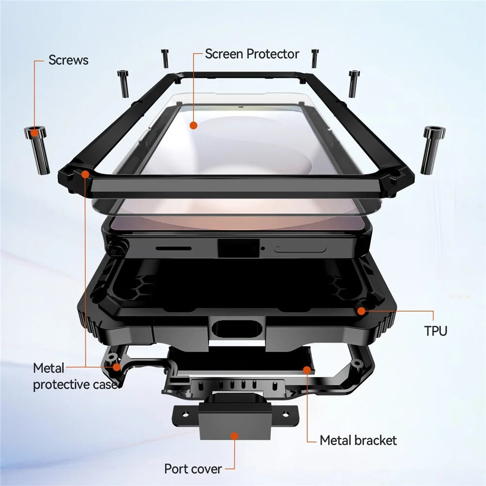 R-JUST For Samsung Galaxy S26 Ultra Case PC + Silicone + Metal Kickstand Phone Cover with Tempered Glass Film - Black - 5