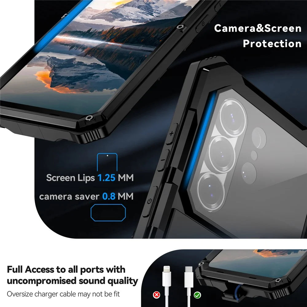 R-JUST For Samsung Galaxy S26 Ultra Case PC + Silicone + Metal Kickstand Phone Cover with Tempered Glass Film - Black - 6