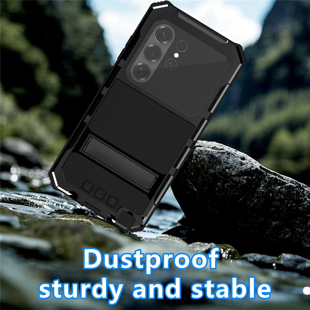 R-JUST For Samsung Galaxy S26 Ultra Case PC + Silicone + Metal Kickstand Phone Cover with Tempered Glass Film - Black - 7