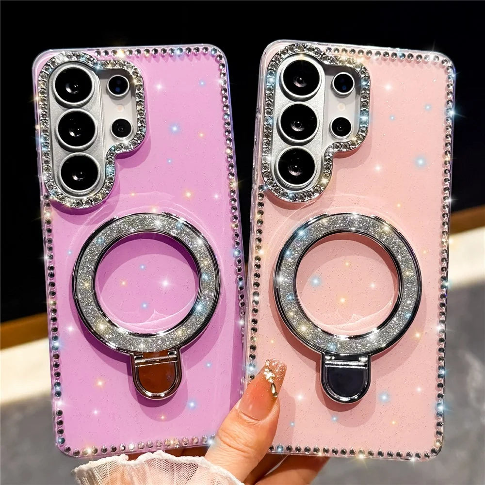 For Samsung Galaxy S26 Ultra Case Kickstand Rhinestone Edge Glitter Back TPU + PC IMD Phone Cover - Glitter Light Purple - 2