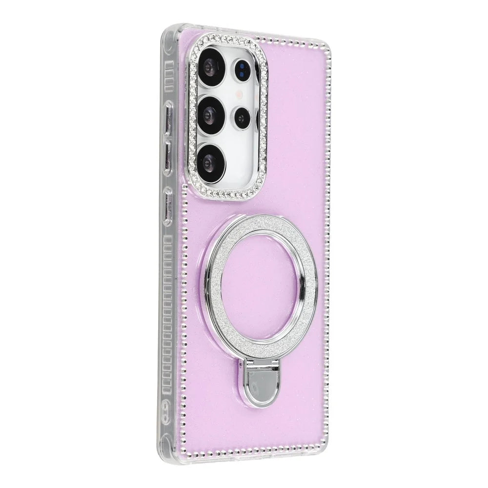 For Samsung Galaxy S25 Ultra Case Kickstand Rhinestone Edge Glitter Back TPU + PC IMD Phone Cover - Glitter Light Purple - 1