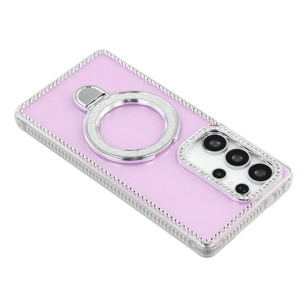 For Samsung Galaxy S25 Ultra Case Kickstand Rhinestone Edge Glitter Back TPU + PC IMD Phone Cover - Glitter Light Purple - 6
