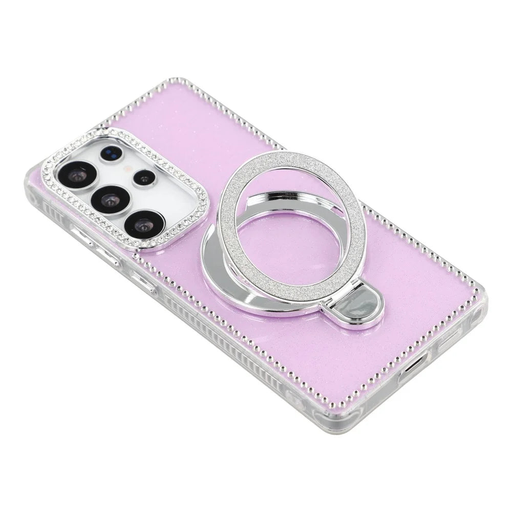 For Samsung Galaxy S25 Ultra Case Kickstand Rhinestone Edge Glitter Back TPU + PC IMD Phone Cover - Glitter Light Purple - 7