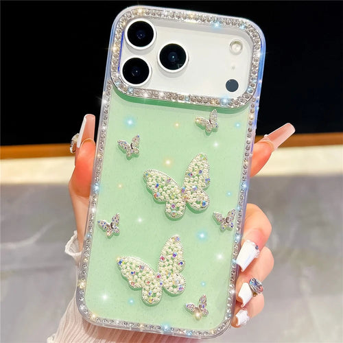 For iPhone 18 Pro / 17 Pro Case Shiny Butterfly Decor Rhinestone Glitter IMD PC + TPU Phone Cover - Glitter / Light Green - 1