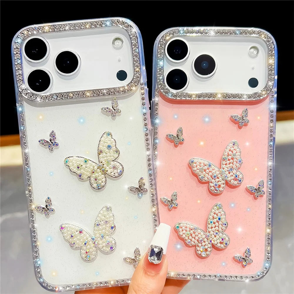 For iPhone 18 Pro Max / 17 Pro Max Case Shiny Butterfly Decor Rhinestone Glitter IMD PC + TPU Phone Cover - Glitter / Light Pink - 2