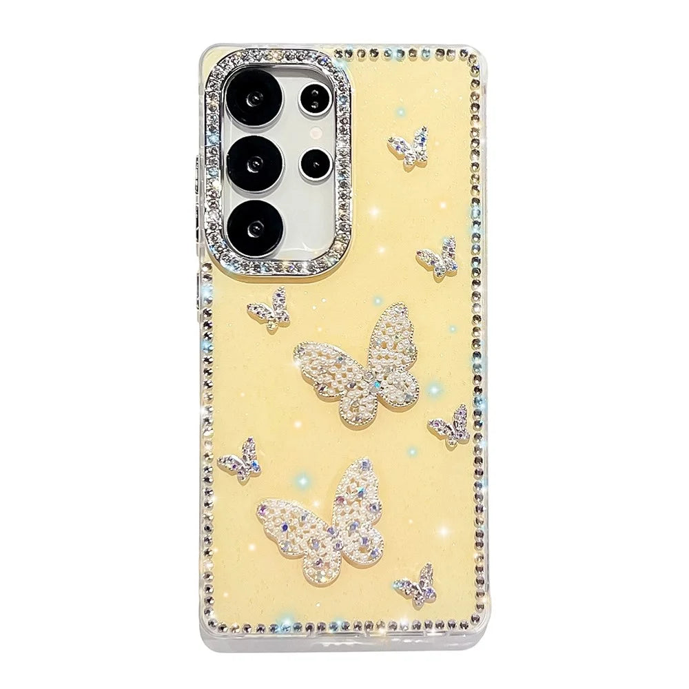 For Samsung Galaxy S25 Ultra Case Shiny Butterfly Decor Rhinestone Glitter IMD PC + TPU Phone Cover - Glitter / Light Yellow - 1