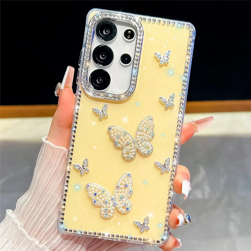 For Samsung Galaxy S25 Ultra Case Shiny Butterfly Decor Rhinestone Glitter IMD PC + TPU Phone Cover - Glitter / Light Yellow - 2