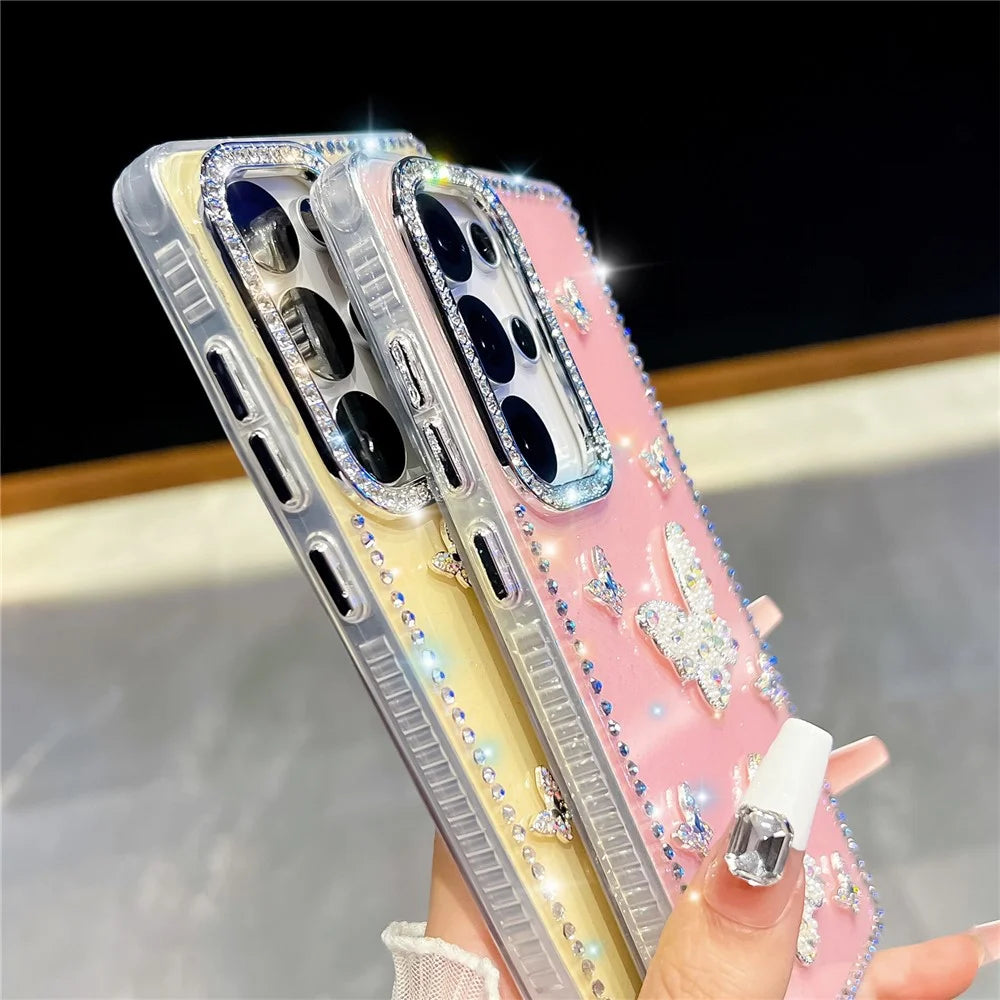 For Samsung Galaxy S25 Ultra Case Shiny Butterfly Decor Rhinestone Glitter IMD PC + TPU Phone Cover - Glitter / Light Yellow - 4