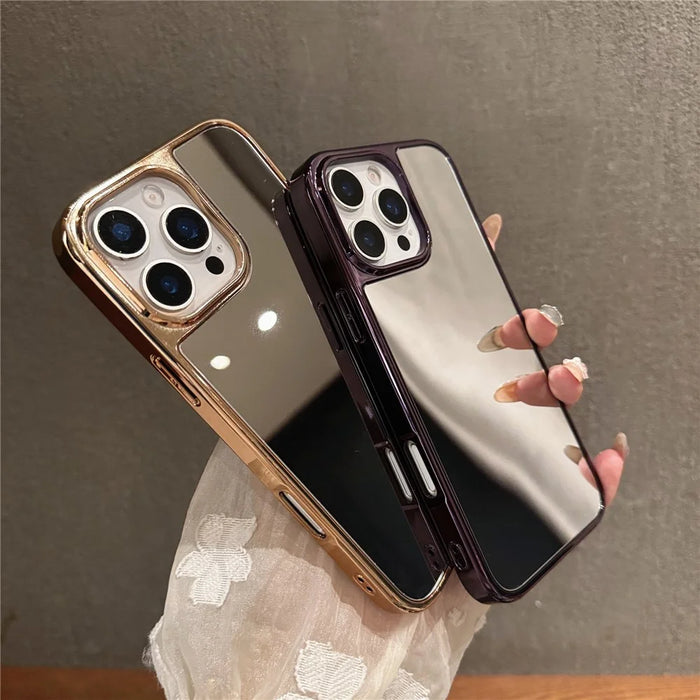 For iPhone 16 Pro Max TPU Case Electroplating Makeup Mirror Phone Cover - Gold - 5