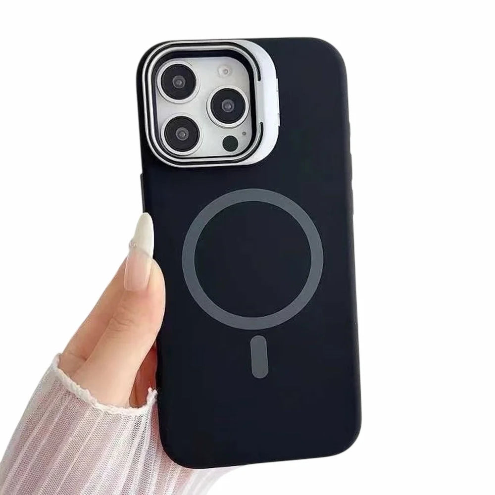 For iPhone 16 Pro Max Case Compatible with MagSafe Liquid Silicone Phone Cover with Lens Frame Kickstand - Black - 1