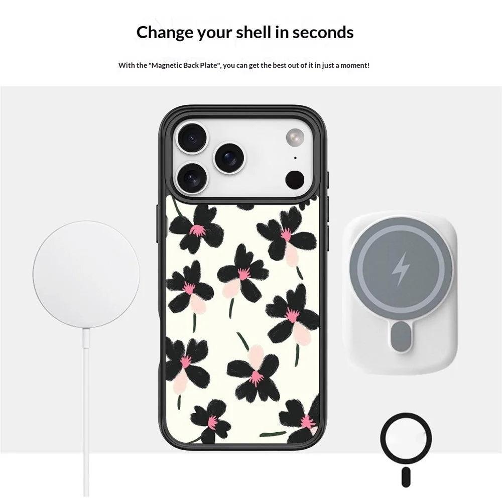 For iPhone 17 Pro Max Magnetic Case TPU PC Phone Cover with Detachable Oil Painting Flowers Pattern Backplate - Black - 5