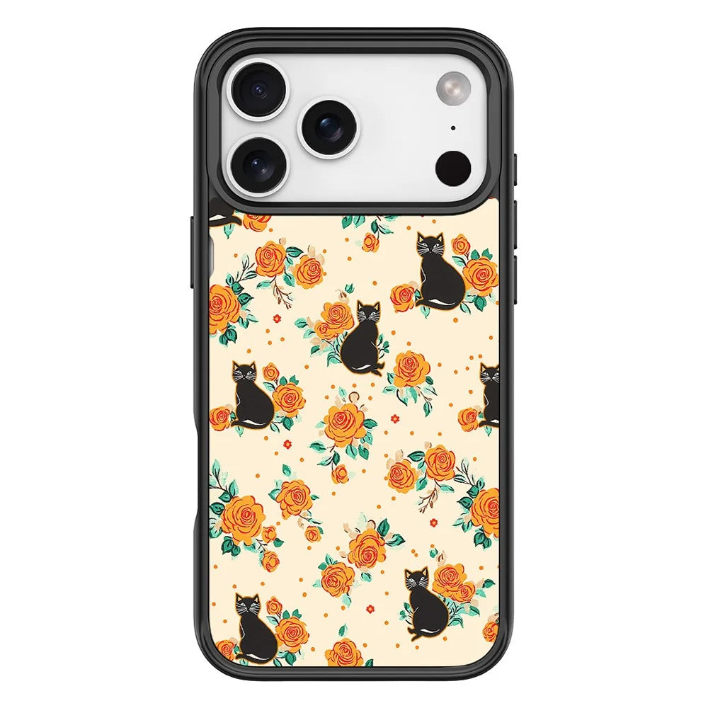 For iPhone 17 Pro Magnetic Case TPU PC Phone Cover with Detachable Yellow Flower Cat Pattern Backplate - Black - 1