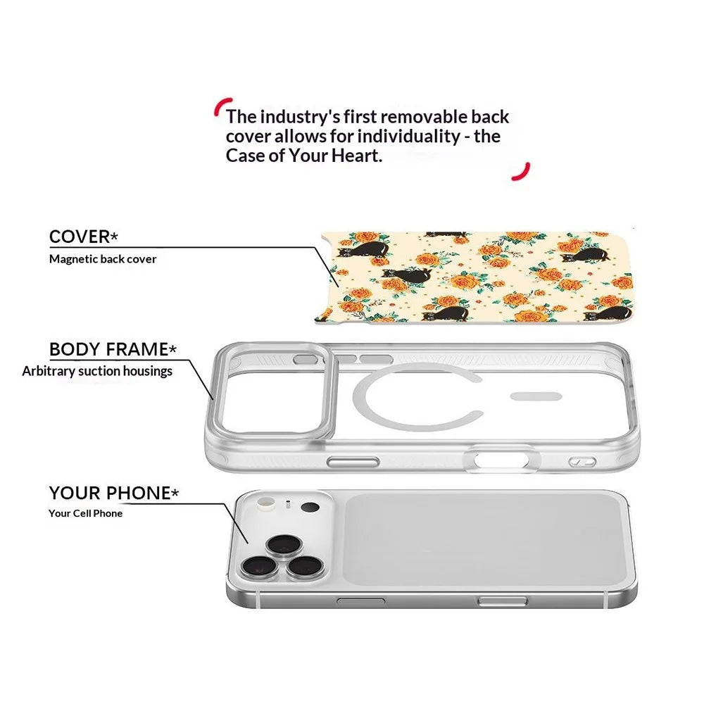 For iPhone 17 Pro Max Magnetic Case TPU PC Phone Cover with Detachable Yellow Flower Cat Pattern Backplate - Black - 7