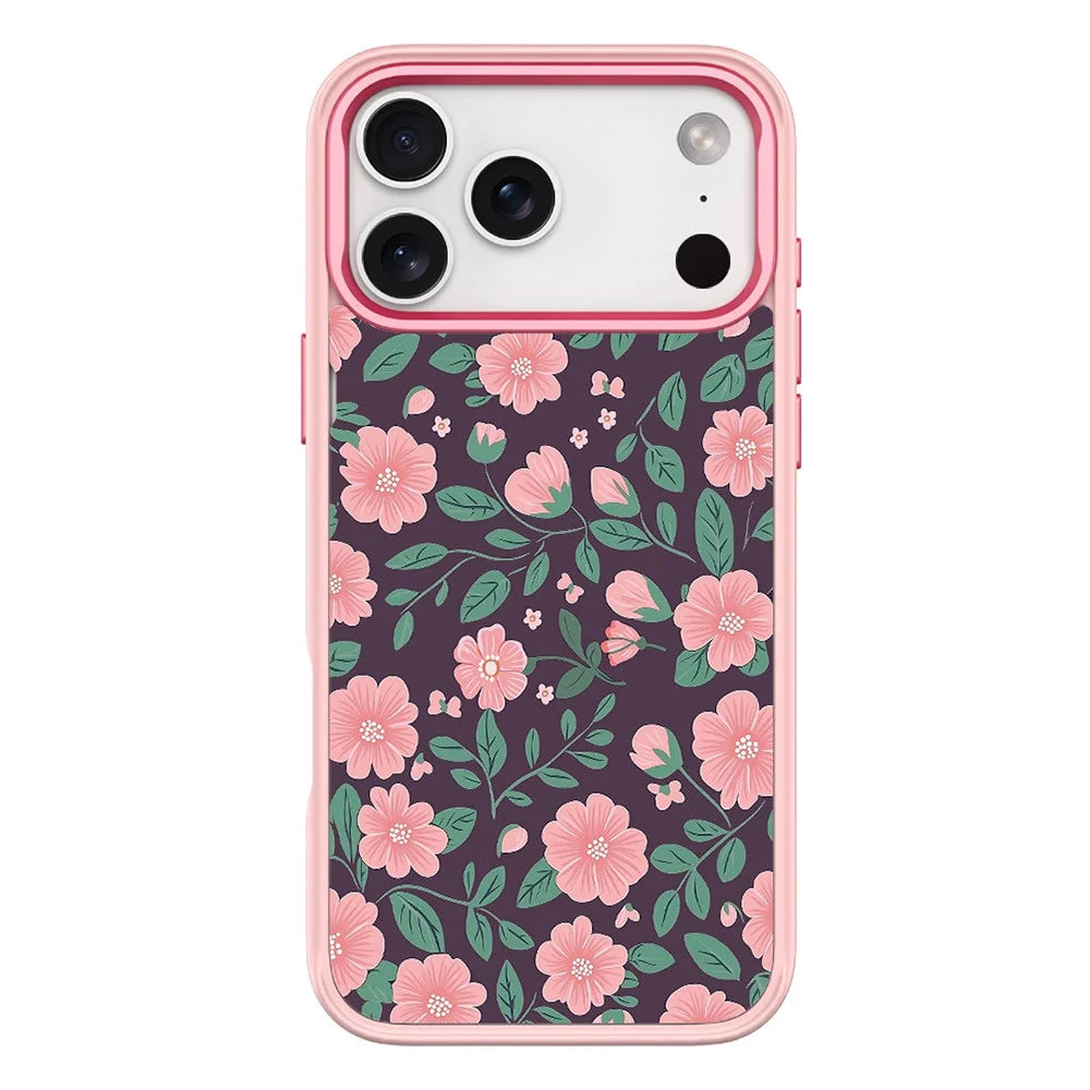 For iPhone 17 Pro Magnetic Case TPU PC Phone Cover with Detachable Green and Pink Flowers Pattern Backplate - Pink - 1