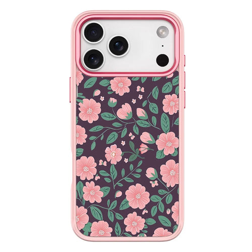 For iPhone 17 Pro Magnetic Case TPU PC Phone Cover with Detachable Green and Pink Flowers Pattern Backplate - Pink - 1