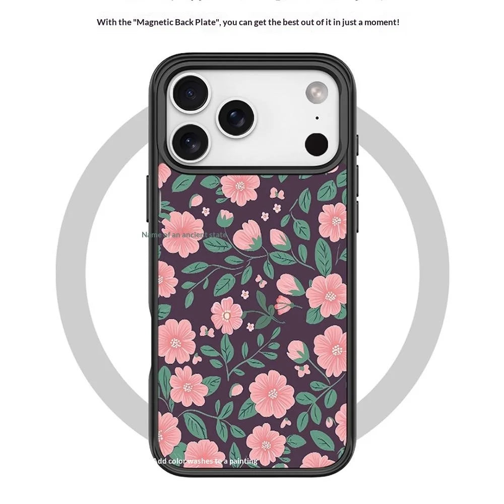 For iPhone 17 Pro Magnetic Case TPU PC Phone Cover with Detachable Green and Pink Flowers Pattern Backplate - Pink - 3