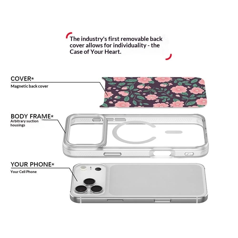 For iPhone 17 Pro Magnetic Case TPU PC Phone Cover with Detachable Green and Pink Flowers Pattern Backplate - Pink - 5