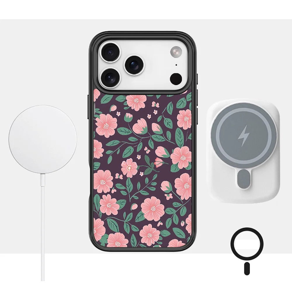 For iPhone 17 Pro Magnetic Case TPU PC Phone Cover with Detachable Green and Pink Flowers Pattern Backplate - Pink - 6