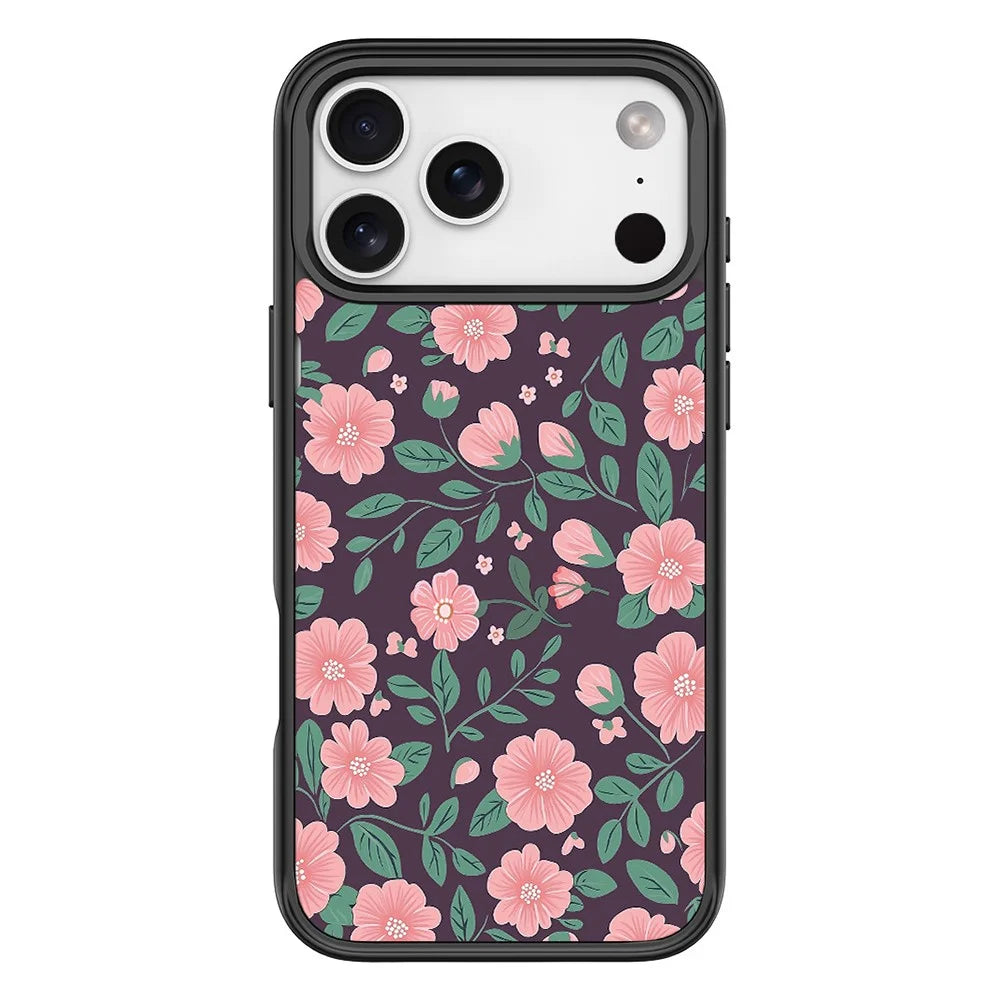 For iPhone 17 Pro Max Magnetic Case TPU PC Phone Cover with Detachable Green and Pink Flowers Pattern Backplate - Black - 1