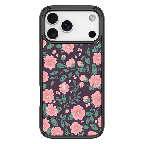 For iPhone 17 Pro Max Magnetic Case TPU PC Phone Cover with Detachable Green and Pink Flowers Pattern Backplate - Black - 1
