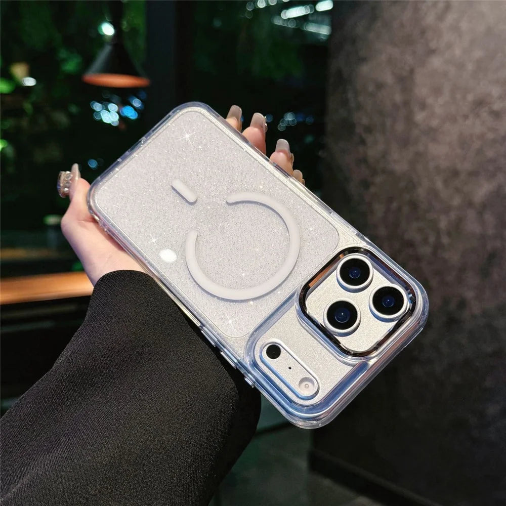 For iPhone 17 Pro Magnetic Case Shockproof TPU PC Glitter Clear Phone Cover Compatible with MagSafe - White - 1