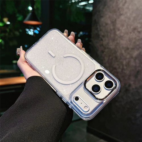 For iPhone 17 Pro Magnetic Case Shockproof TPU PC Glitter Clear Phone Cover Compatible with MagSafe - White - 1
