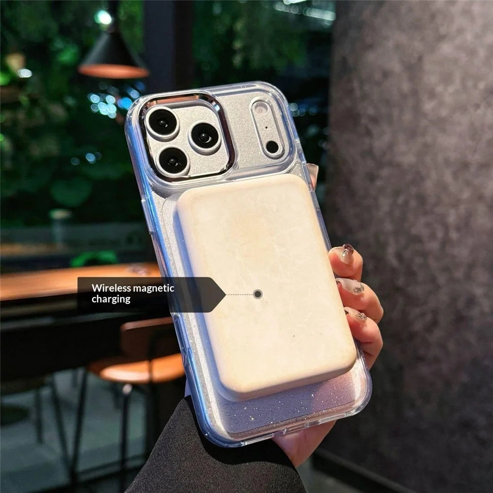 For iPhone 17 Pro Magnetic Case Shockproof TPU PC Glitter Clear Phone Cover Compatible with MagSafe - White - 4