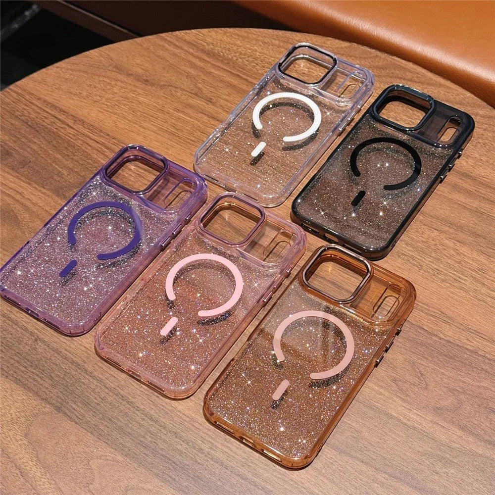 For iPhone 17 Pro Magnetic Case Shockproof TPU PC Glitter Clear Phone Cover Compatible with MagSafe - White - 7