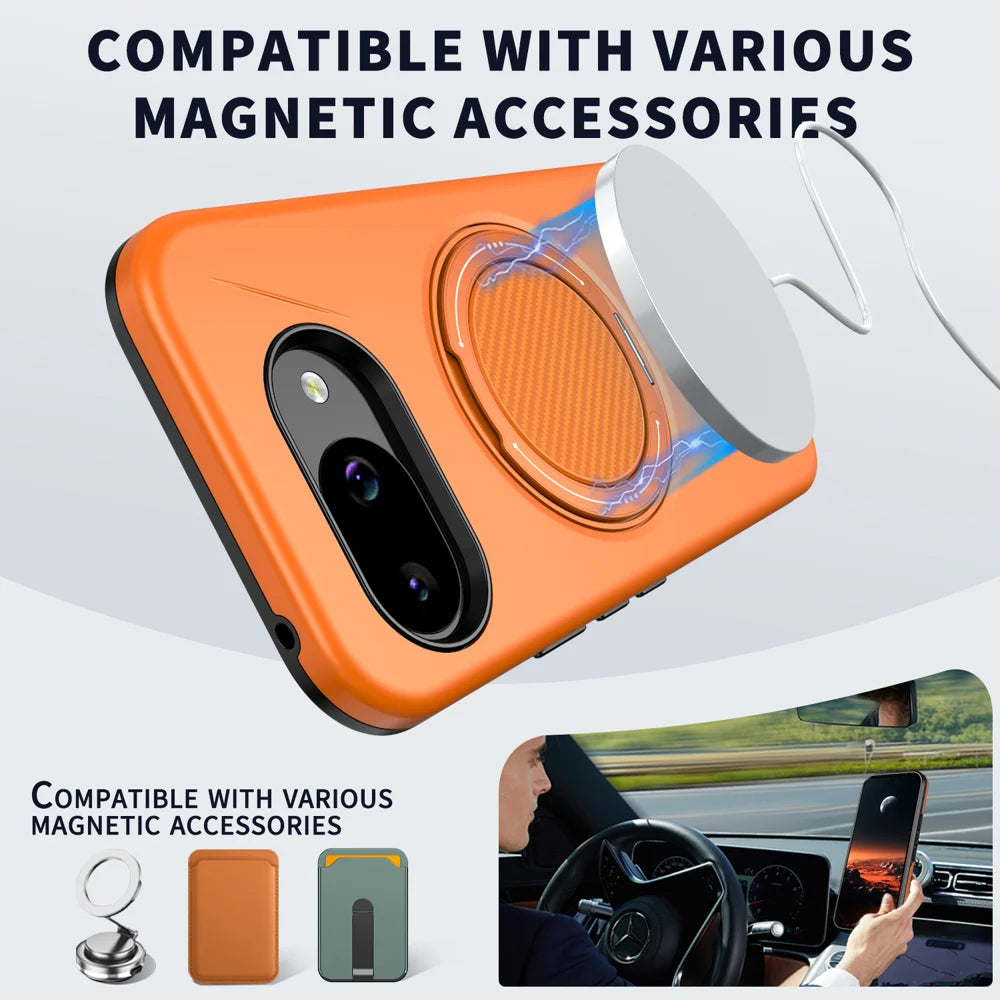 For Google Pixel 10a Magnetic Case Rotating Kickstand TPU + PC Phone Cover - Orange - 2