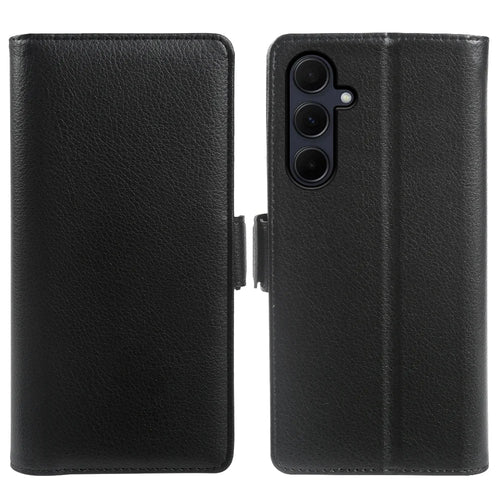 For Samsung Galaxy F16 5G / Galaxy M16 5G Wallet Case with Dual Magnetic Clasp Litchi Textured Leather Flip Stand Phone Cover - Black - 1