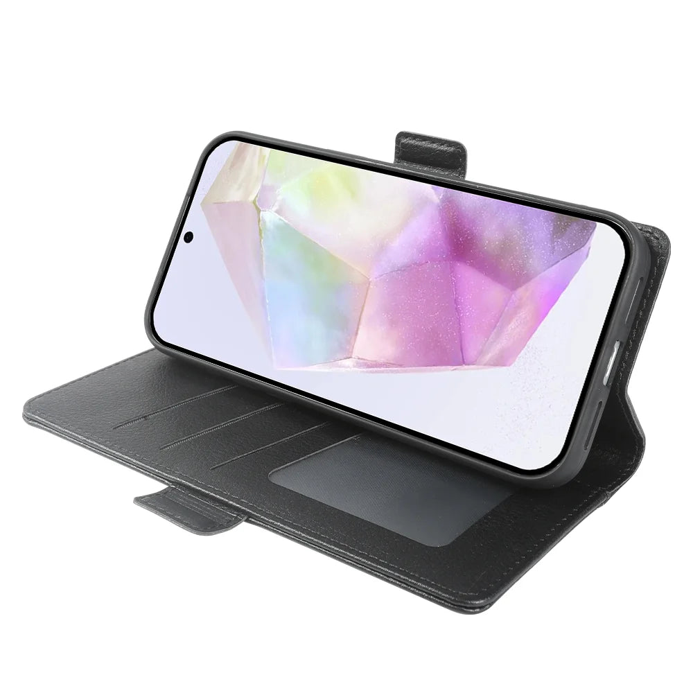 For Samsung Galaxy S25 Wallet Case with Dual Magnetic Clasp Litchi Textured Leather Flip Stand Phone Cover - Black - 2