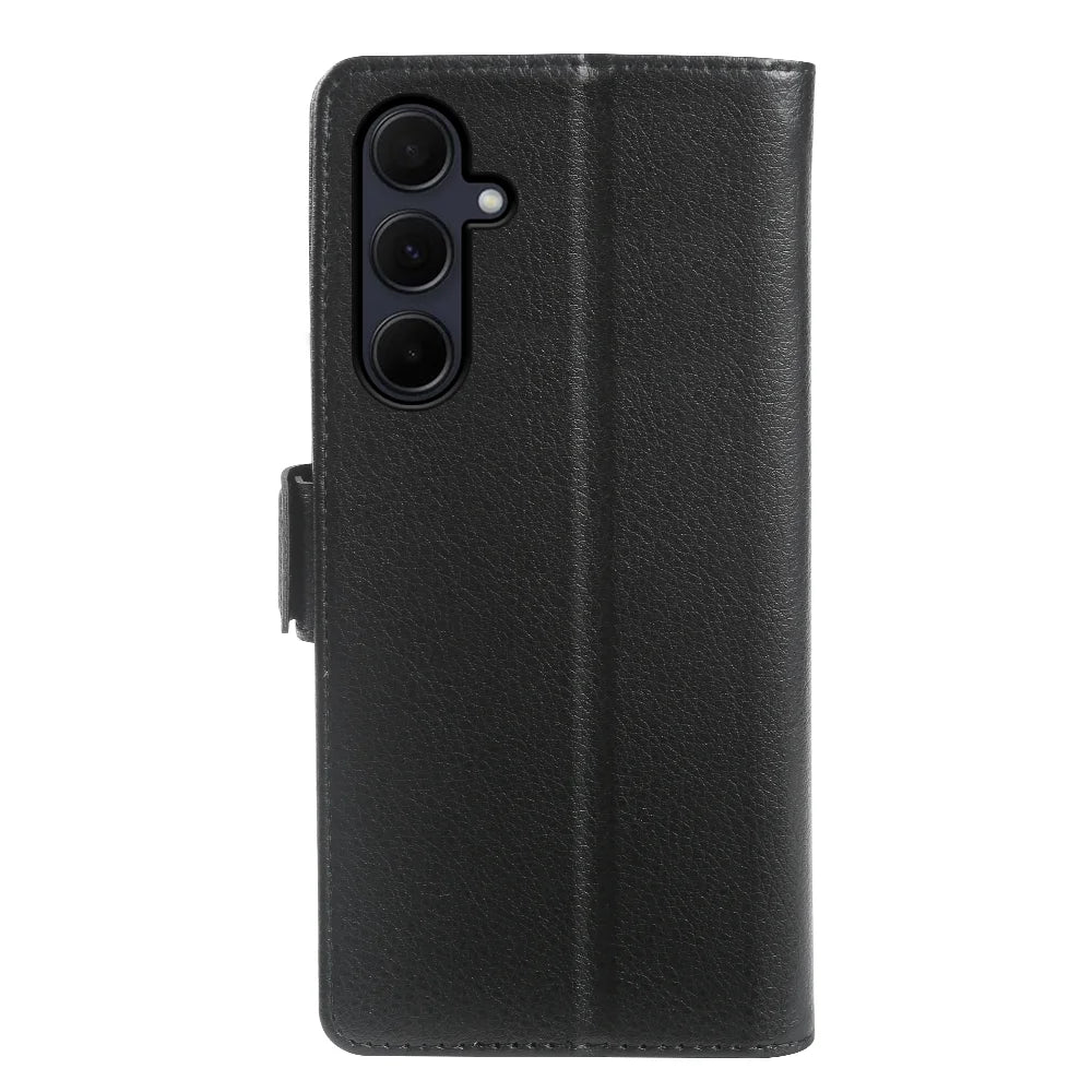 For Samsung Galaxy S25 Wallet Case with Dual Magnetic Clasp Litchi Textured Leather Flip Stand Phone Cover - Black - 6