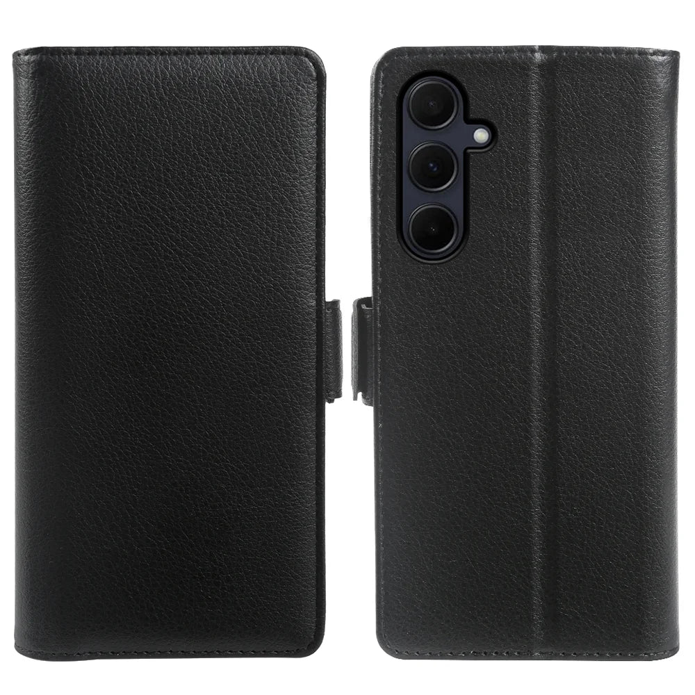 For Samsung Galaxy S25+ Wallet Case with Dual Magnetic Clasp Litchi Textured Leather Flip Stand Phone Cover - Black - 1