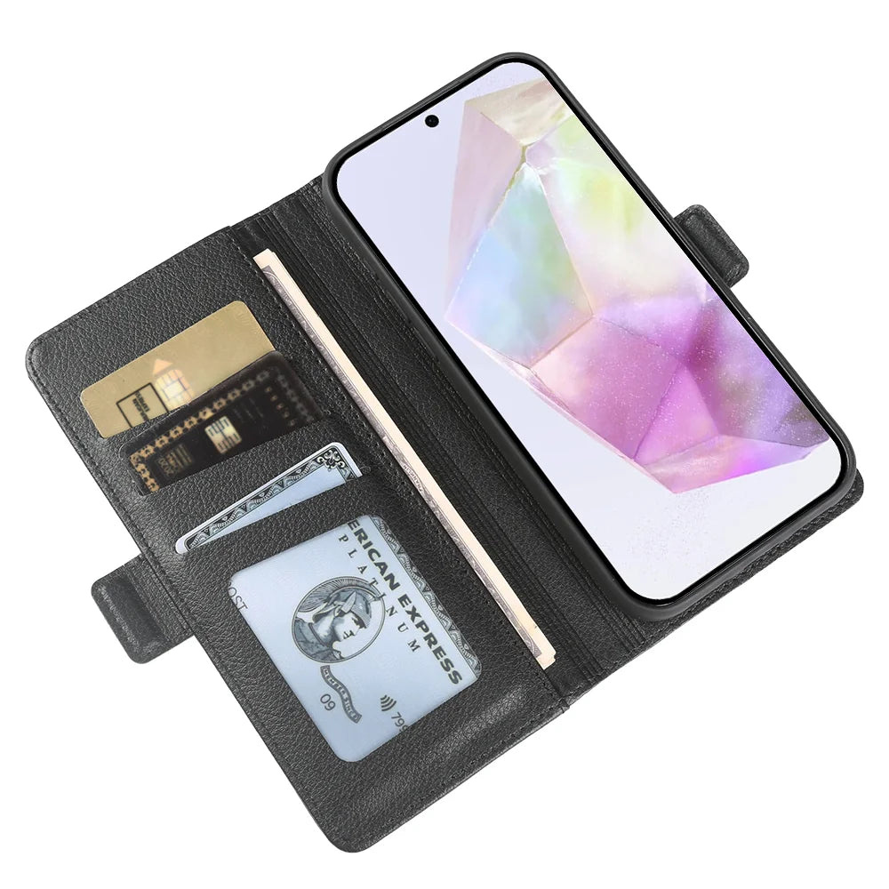 For Samsung Galaxy S25+ Wallet Case with Dual Magnetic Clasp Litchi Textured Leather Flip Stand Phone Cover - Black - 3