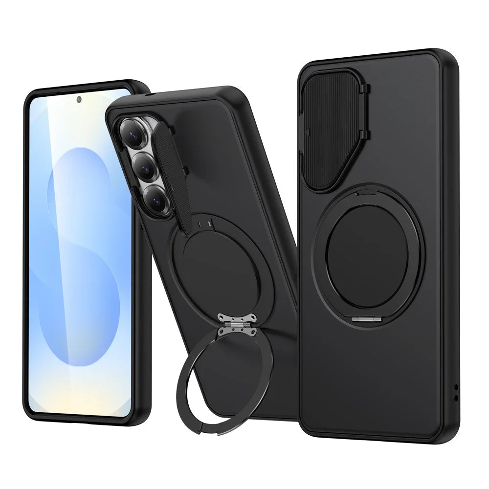 For Samsung Galaxy S26 Magnetic Case TPU + PC Rotary Kickstand Phone Cover with Camera Shield - Black - 1