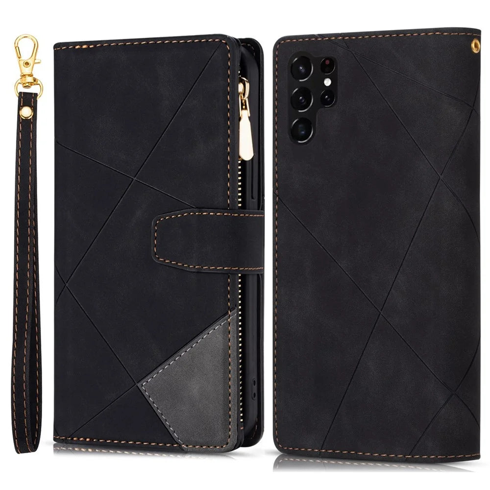 For Samsung Galaxy S23 Ultra Anti-fall Color Splicing Stand Wallet Flip Leather Cover Imprinting Lines Anti-shock Phone Case with Zipper Pocket - Black - 1