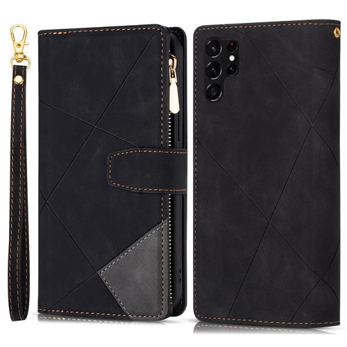 For Samsung Galaxy S23 Ultra Anti-fall Color Splicing Stand Wallet Flip Leather Cover Imprinting Lines Anti-shock Phone Case with Zipper Pocket - Black - 1