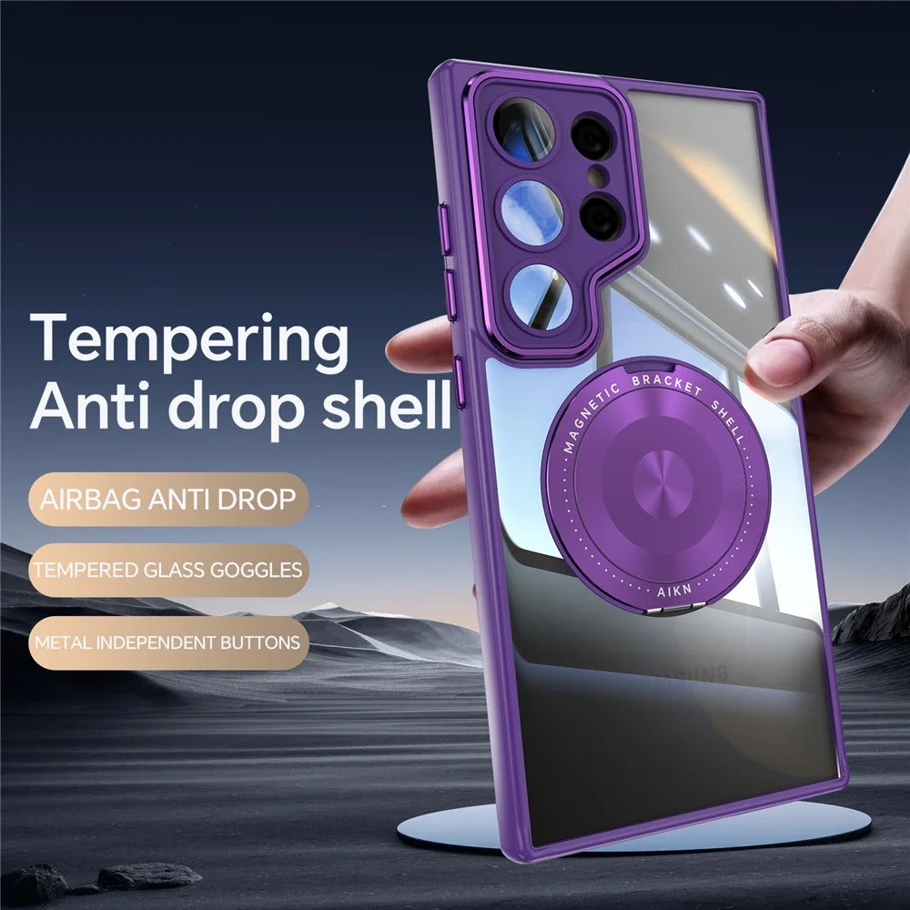For Samsung Galaxy S26 Ultra Magnetic Case PC + TPU Phone Cover with Rotating Metal Kickstand, Lens Protector - Dark Purple - 2