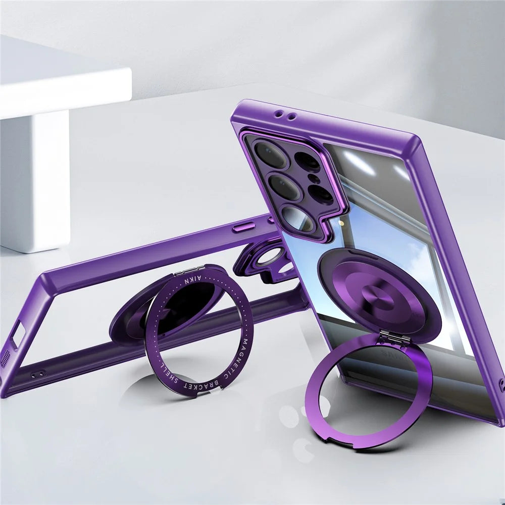 For Samsung Galaxy S26 Ultra Magnetic Case PC + TPU Phone Cover with Rotating Metal Kickstand, Lens Protector - Dark Purple - 3