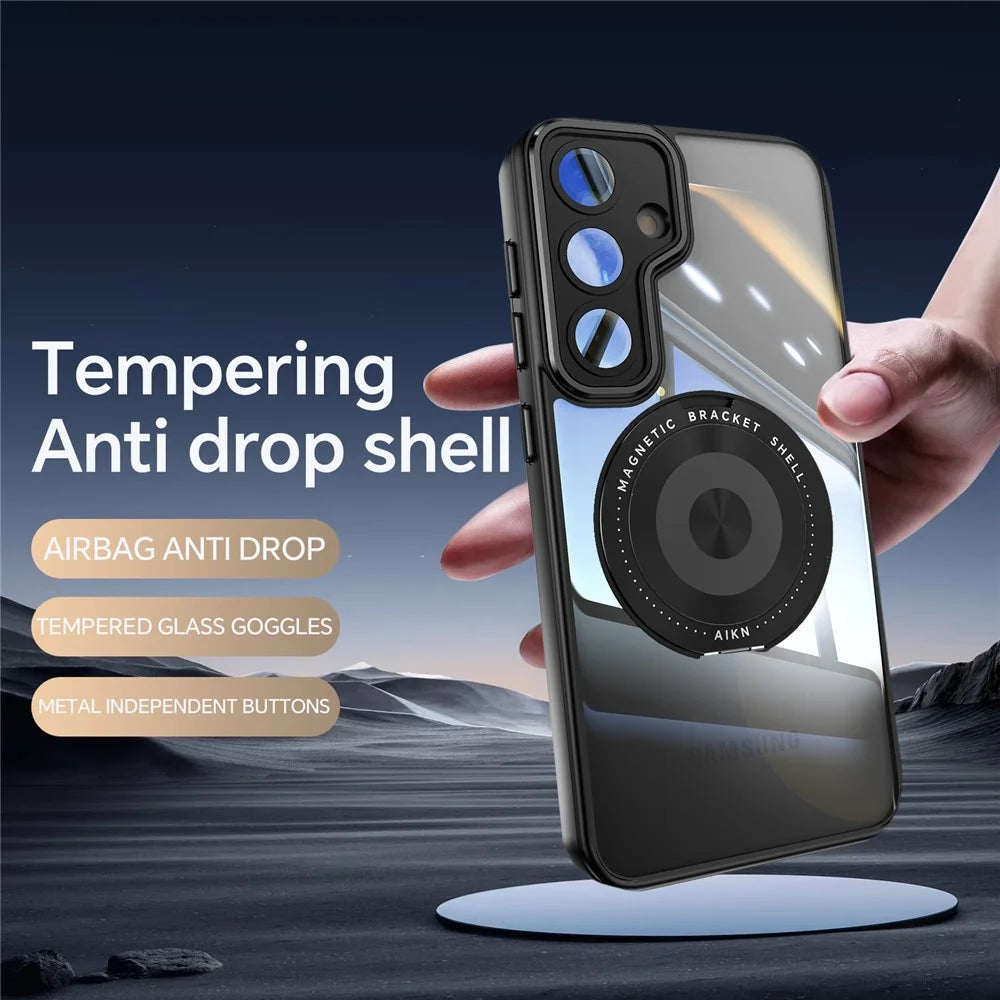 For Samsung Galaxy S26+ Magnetic Case PC + TPU Phone Cover with Rotating Metal Kickstand, Lens Protector - Black - 2