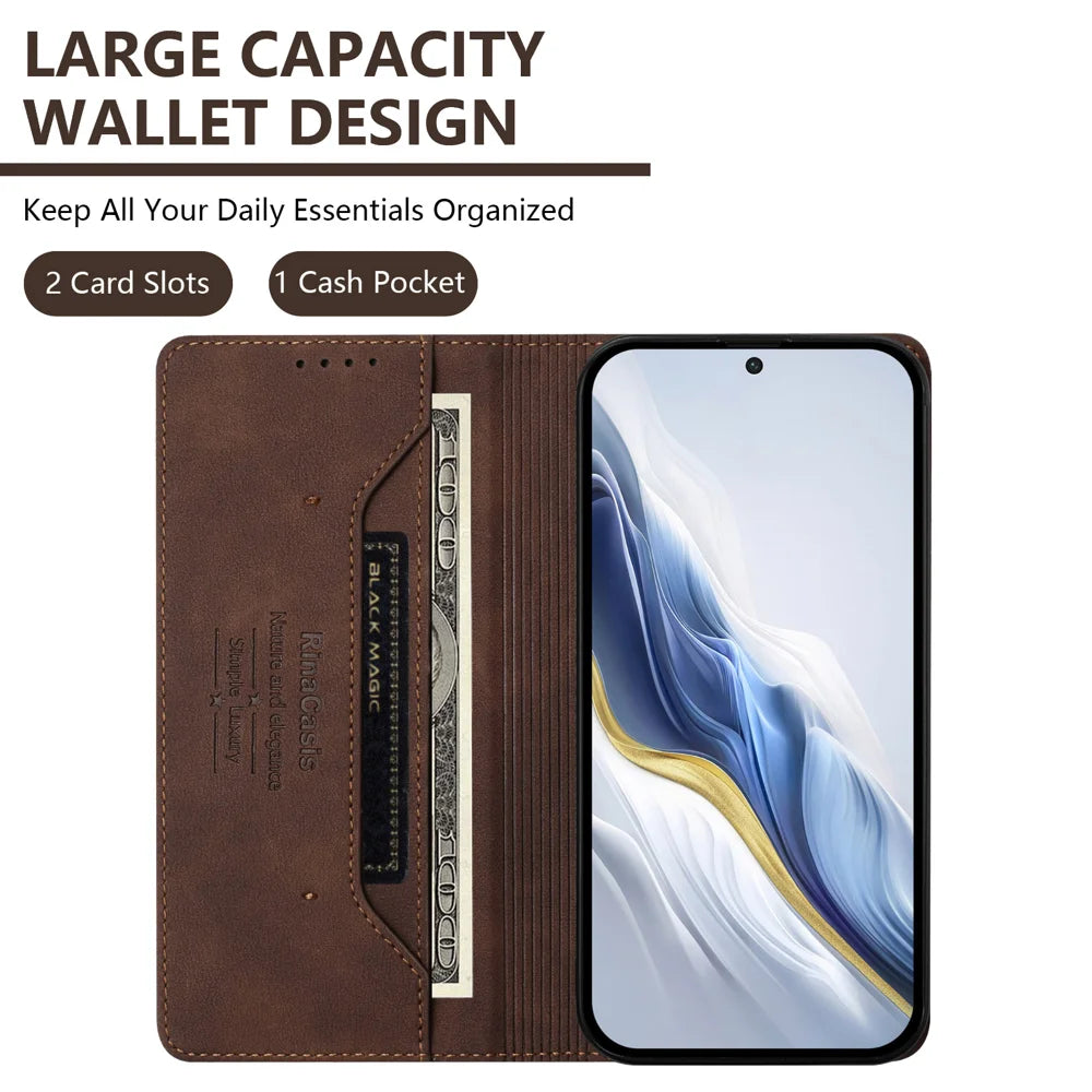 For OnePlus 13 Case RINACASIS RC23 RFID Blocking Wallet Stand PU Leather Phone Cover - Brown - 4
