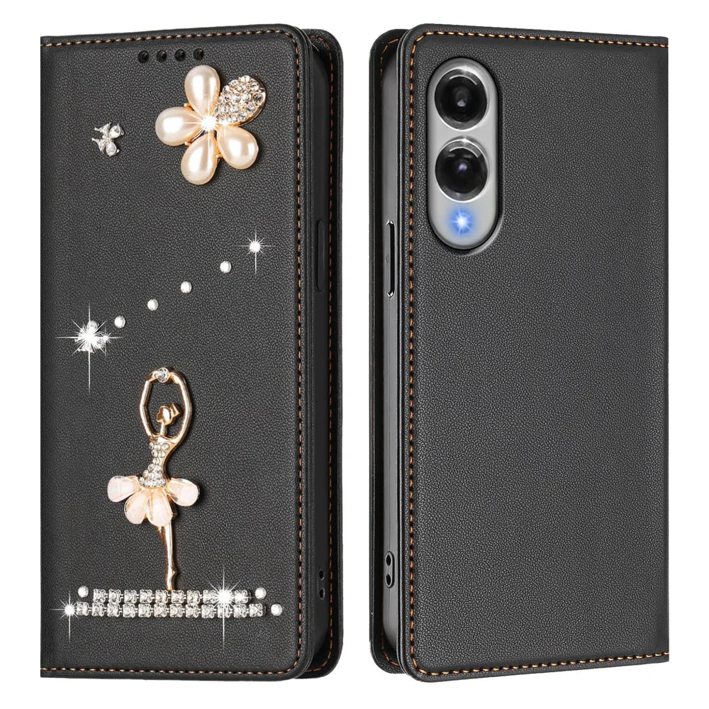 For Samsung Galaxy S25 Edge Leather Case RFID Blocking Wallet Stand Rhinestones Ballet Dancer Flip Phone Cover - Black - 1