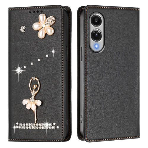 For Samsung Galaxy S25 Edge Leather Case RFID Blocking Wallet Stand Rhinestones Ballet Dancer Flip Phone Cover - Black - 1
